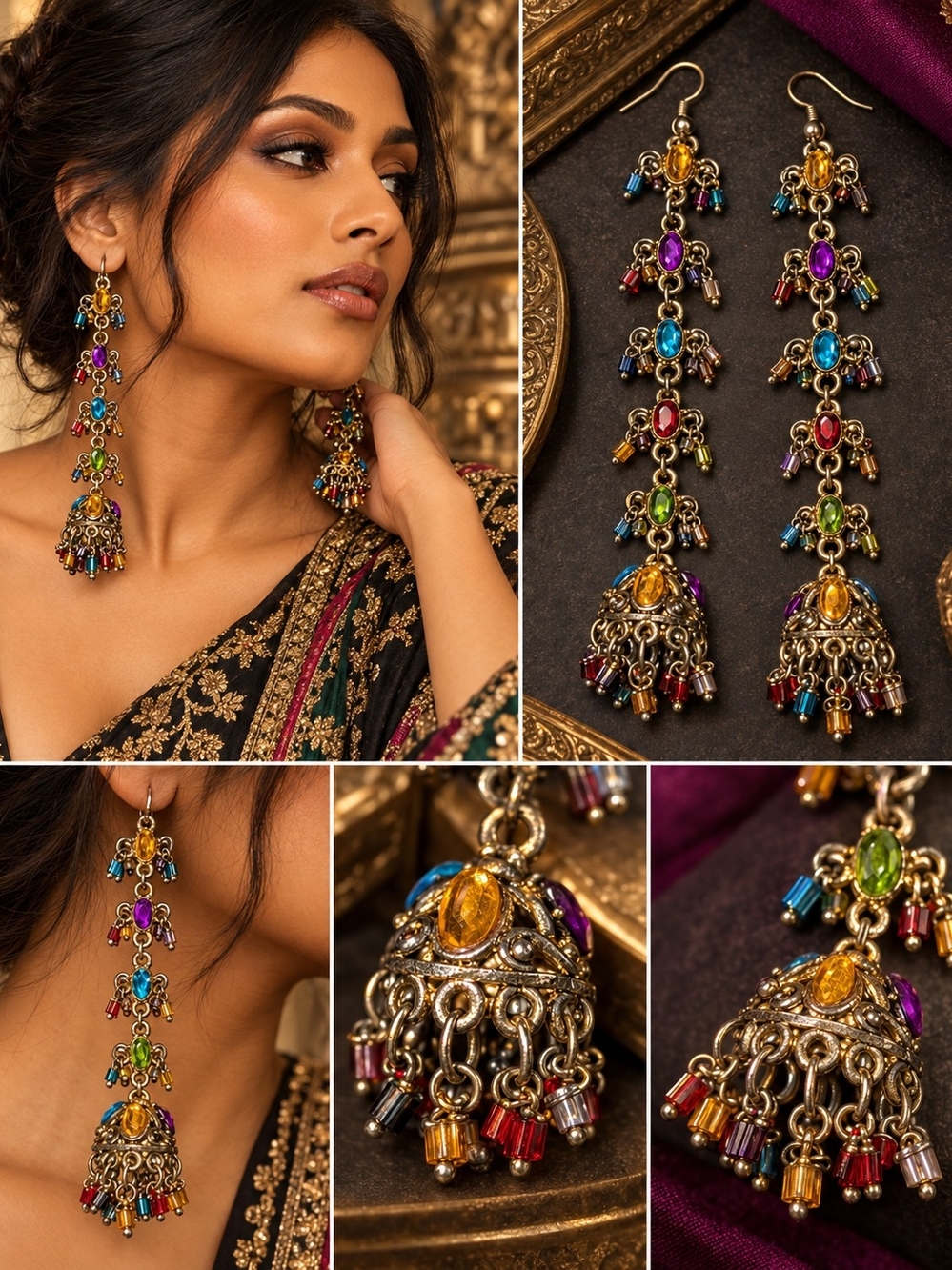 Gold-Tone Multicolor Beaded Long Jhumka Earrings